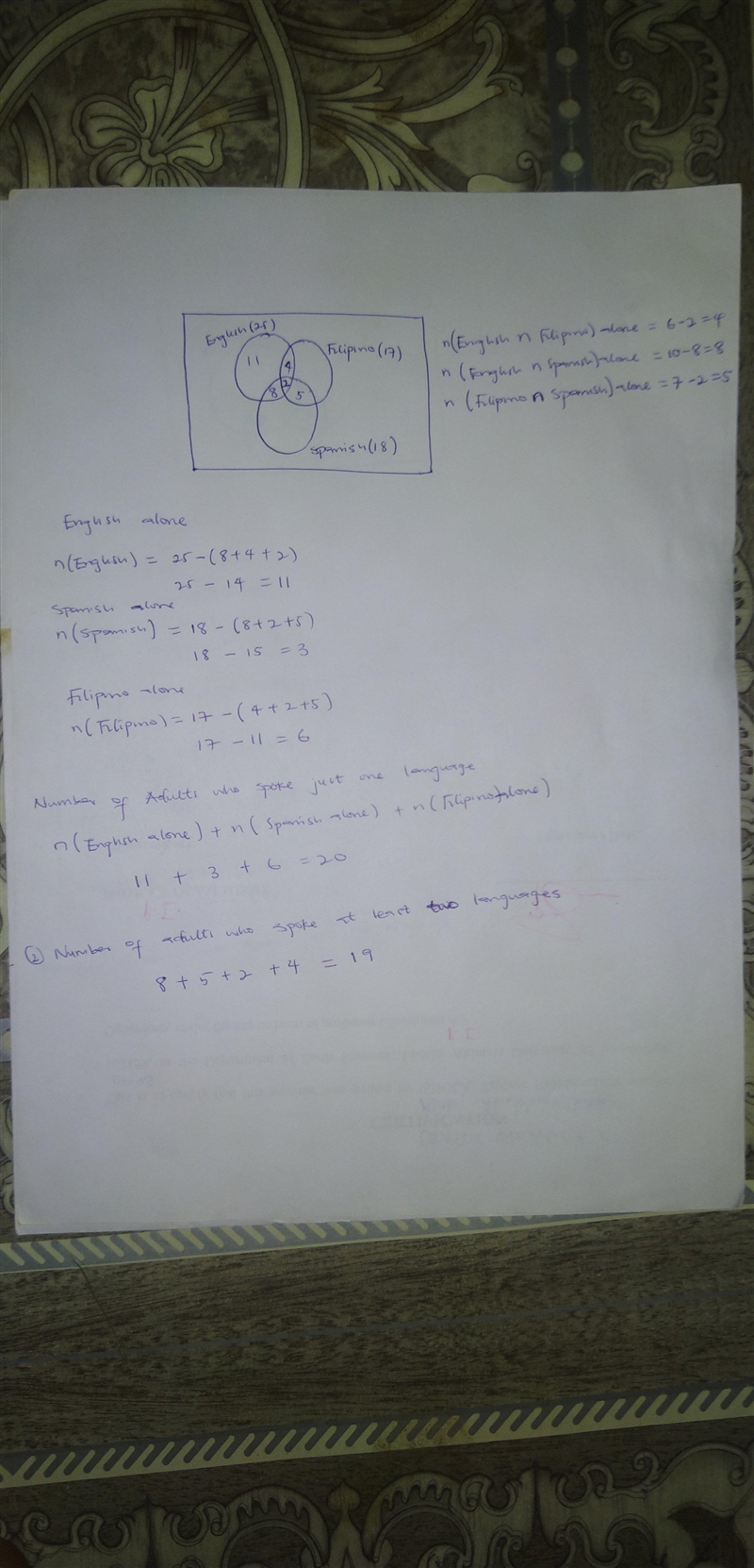 40 adults were asked what languages they could speak English Filipino Spanish 25 spoke-example-1