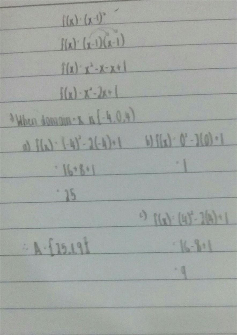 50 POINTS What is the range of the function f(x) = (x-1)^2 when the domain is {-4,0,4} A-example-1