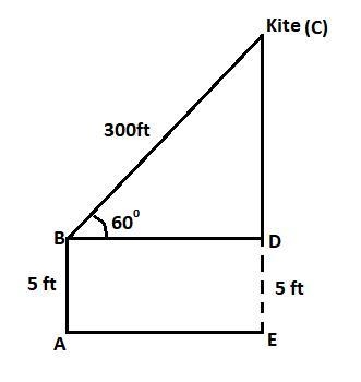 The string of a flying kite is being held five feet off the ground. It makes a 60 degree-example-1