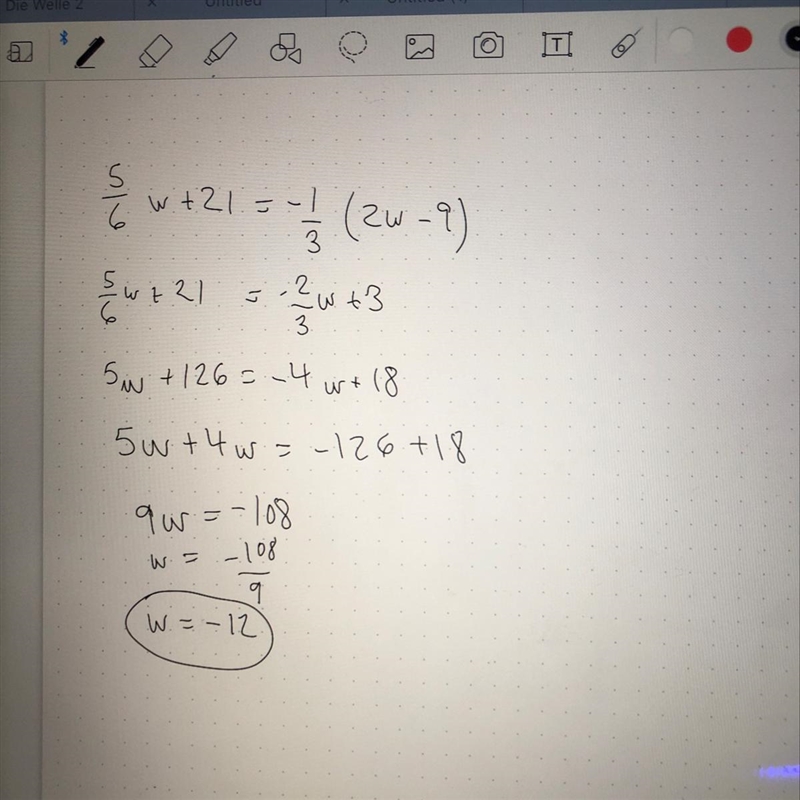 5/6w+21=-1/3(2w-9) please help-example-1