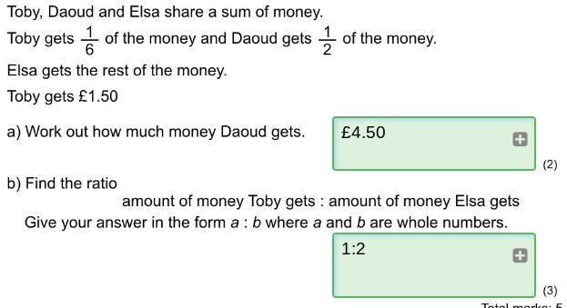 Toby, Daoud and Elsa share a sum of money. Toby gets 1/6 of the money and Daoud gets-example-1