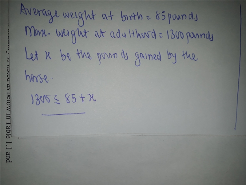 The average weight of a horse is 85 pounds at birth. They grow to a maximum of 1300 pounds-example-1