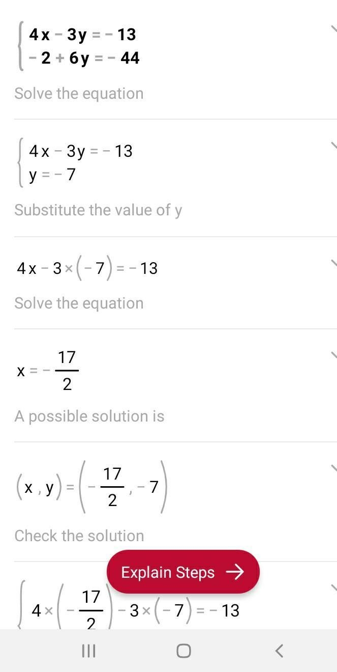 Find the solution of the system of equations. First equation, 4x – 3y = -13 Second-example-1