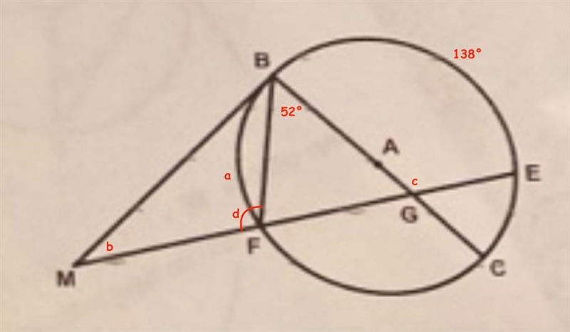 In the diagram shown of circle A, tangent MB is drawn along with chords BAC and BF-example-1