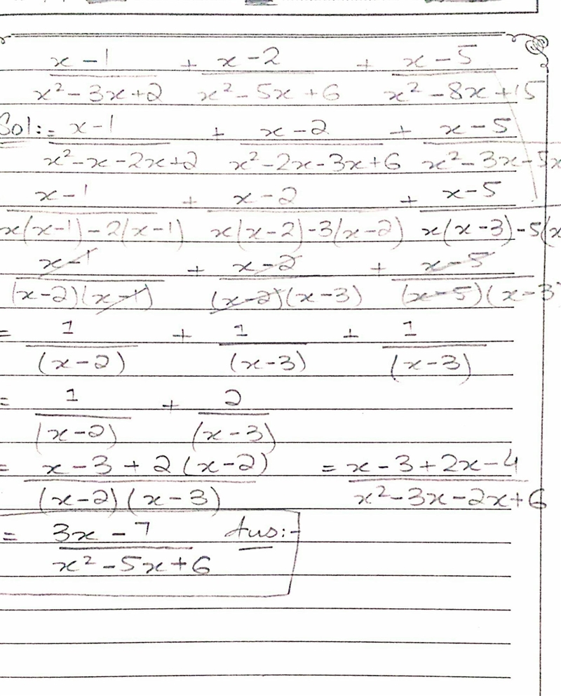 Simplify \sf{ \frac{x - 1}{ {x}^(2) - 3x + 2 } + \frac{x - 2}{ {x}^(2) - 5x + 6} + \frac-example-1