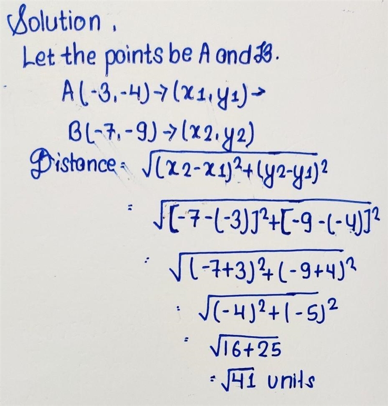 Find the distance between the two points in simplest radical form. (-3, -4) and (-7, -9)-example-1