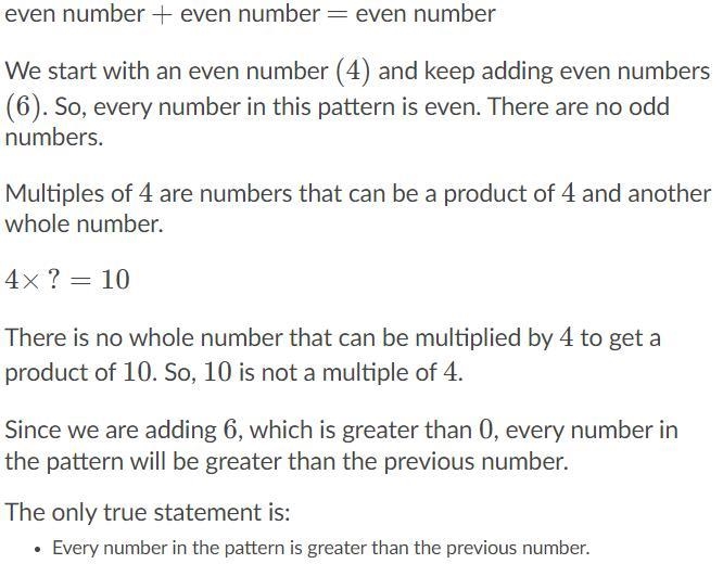 The following pattern starts with 4 and uses the rule add 6 to the previous term. 4,10,16,22,28 Which-example-1