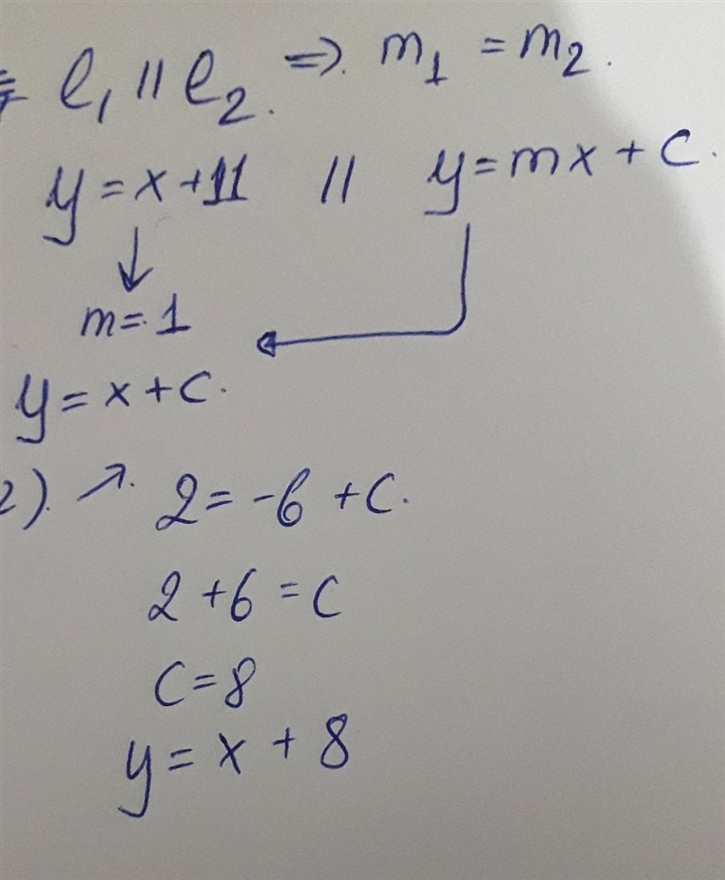 Determine the slope-intercept form of the equation of the line parallel to y = x + 11 that-example-1