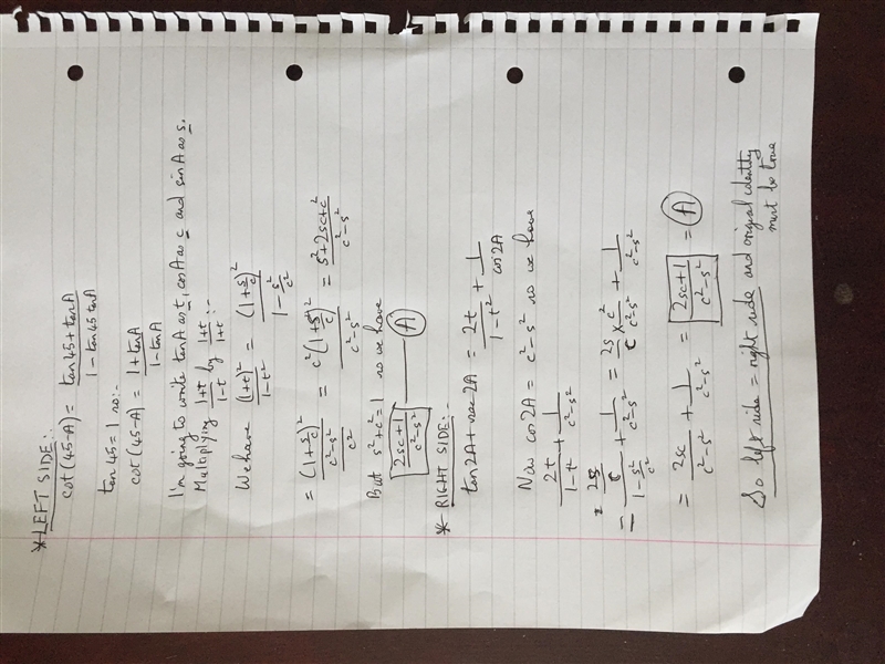 Cot(45-A)=tan2A+ sec2A​-example-1