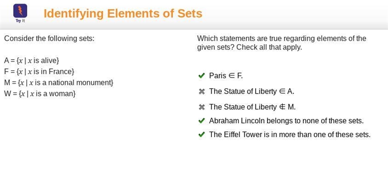 Which statements are true regarding elements of the given sets? Check all that apply-example-1