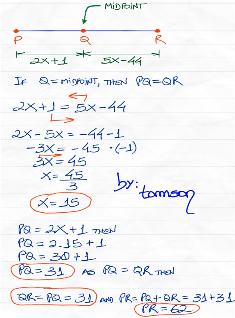 Actions: Suppose is the midpoint of PR. Use the information to find the missing value-example-1