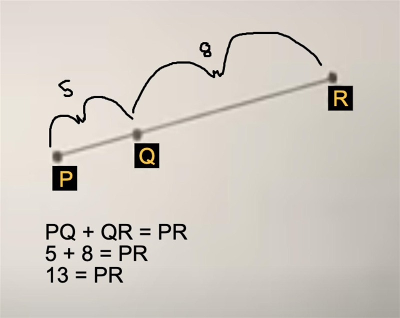 Point Q is on line segment PR.Given PQ = 5 and QR = 8, determine the length PR. PR-example-1