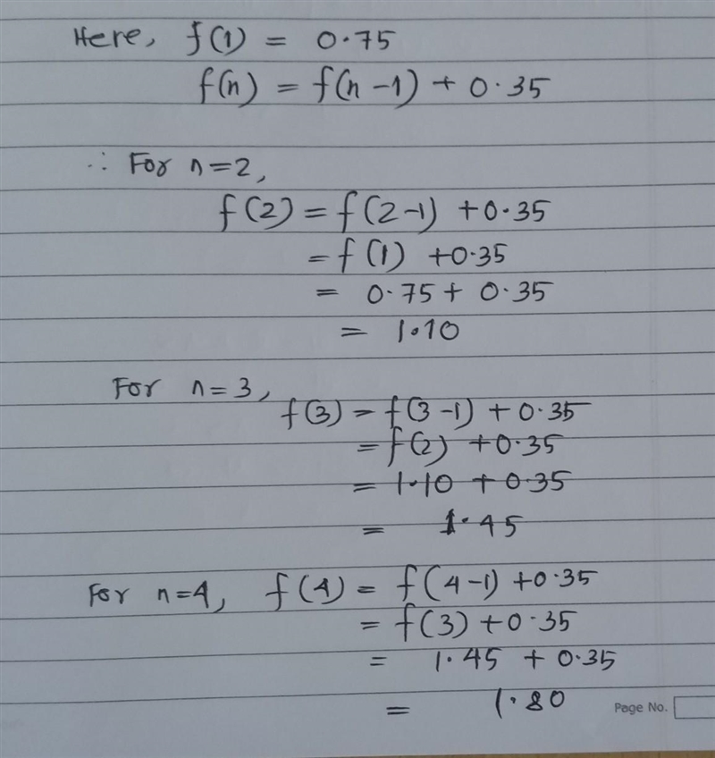 F(1)=0.75 f(n)=f(n-1) + 0.35, for n =2,3,4-example-1