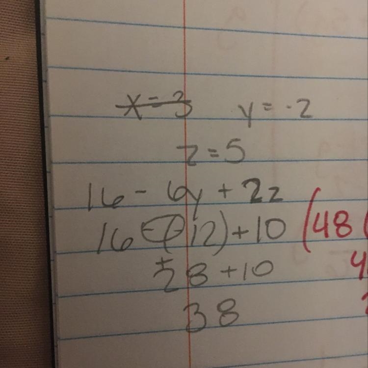 Let x = 3, y = -2, and z = 5, Evaluate 8x2 -6y + 2z-example-1