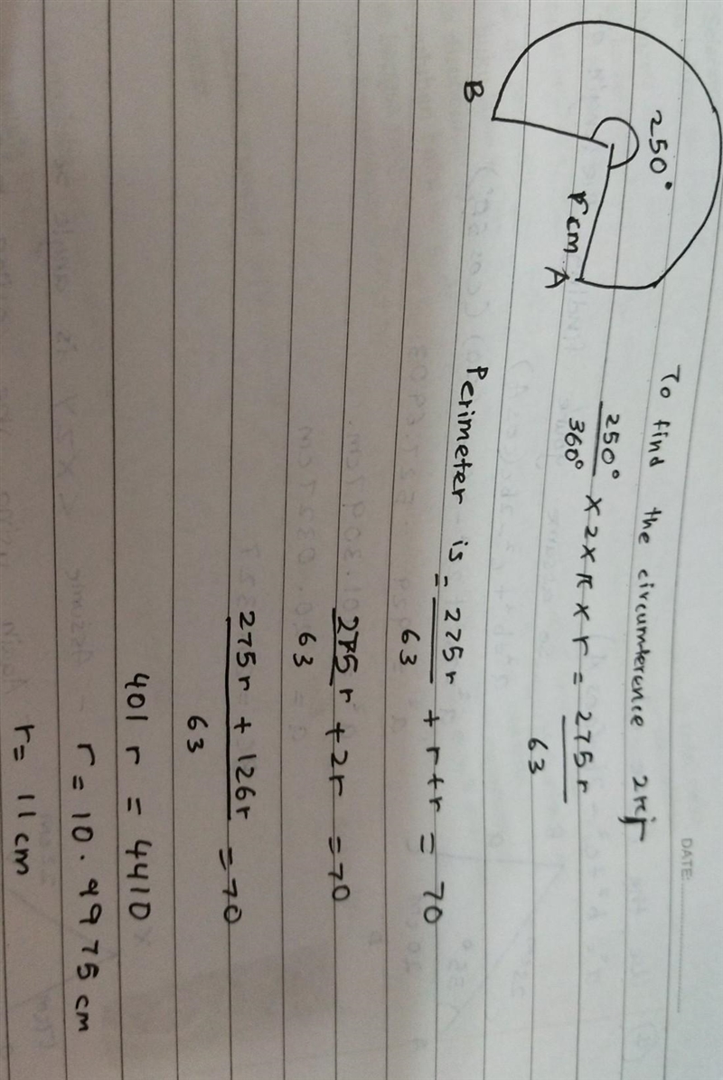 6. In the figure, the perimeter of sector AOB with centre O is 70 cm. Find the value-example-1