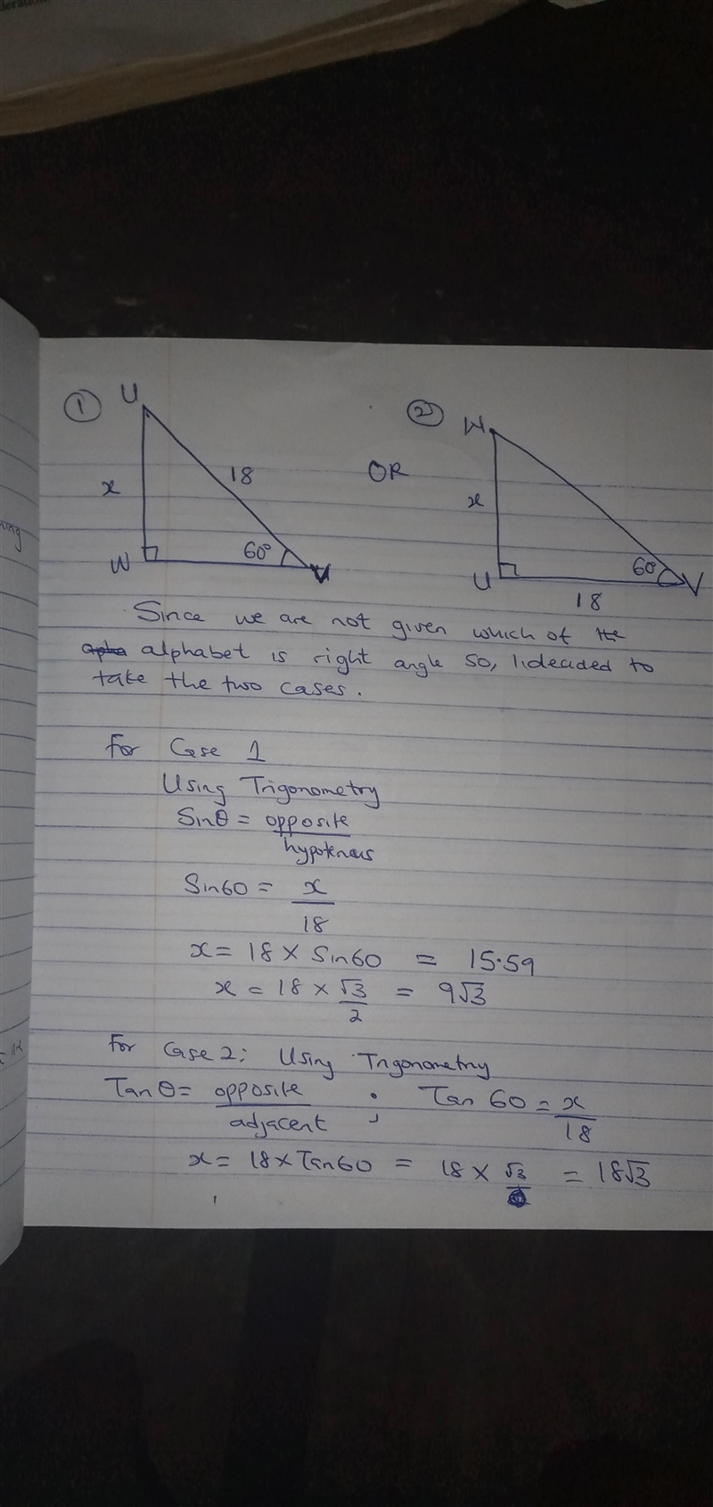 In the right triangle shown, m∠V=60°m, and angle UV=18 how long is UW? a. 9 b.6 square-example-1