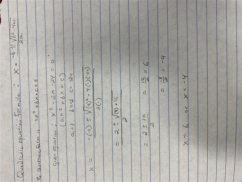 Solve using quadratic formula Show work/explain X^2 - 2x - 24 = 0-example-1