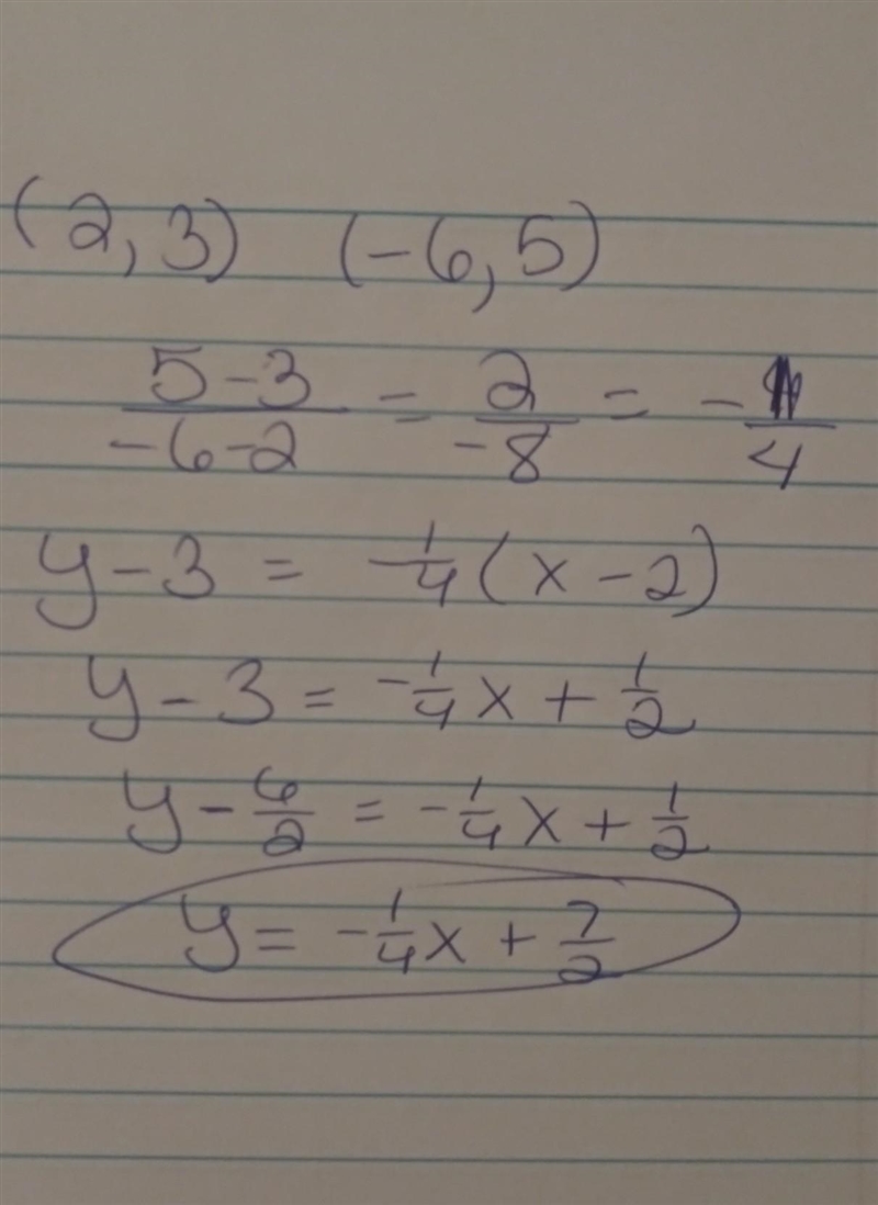 Find an equation for the line that passes through the points (2, 3) and (-6,5). Please-example-1