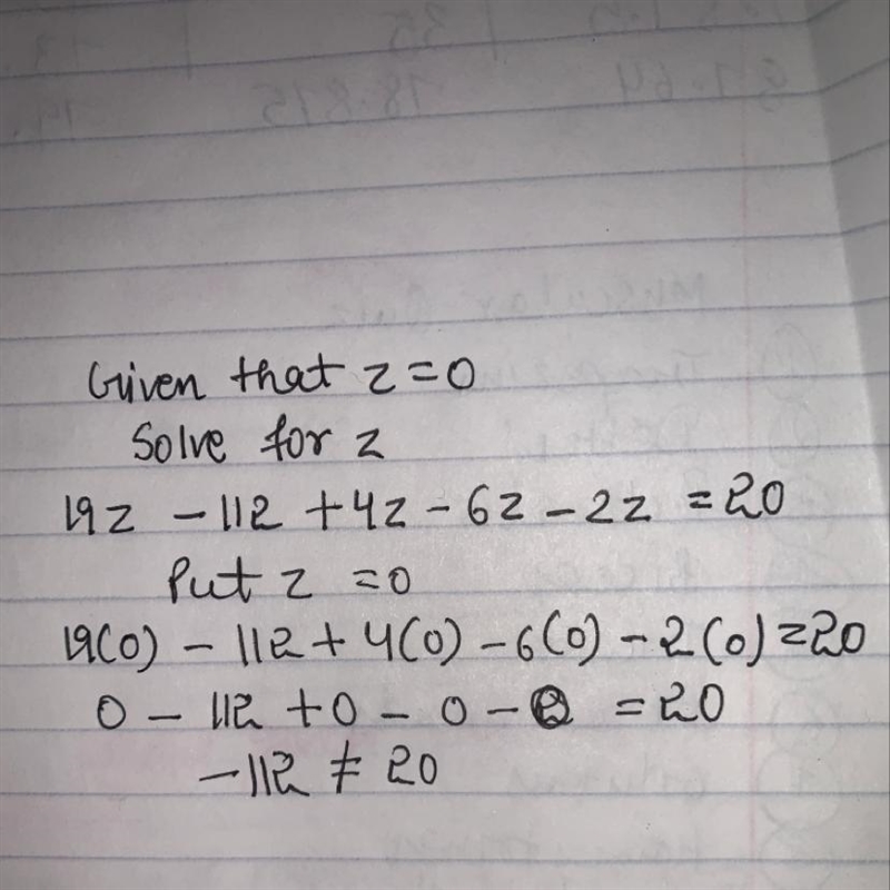 Solve for z. 19z - 112 + 4z - 6z - 2z = 20 z=0-example-1