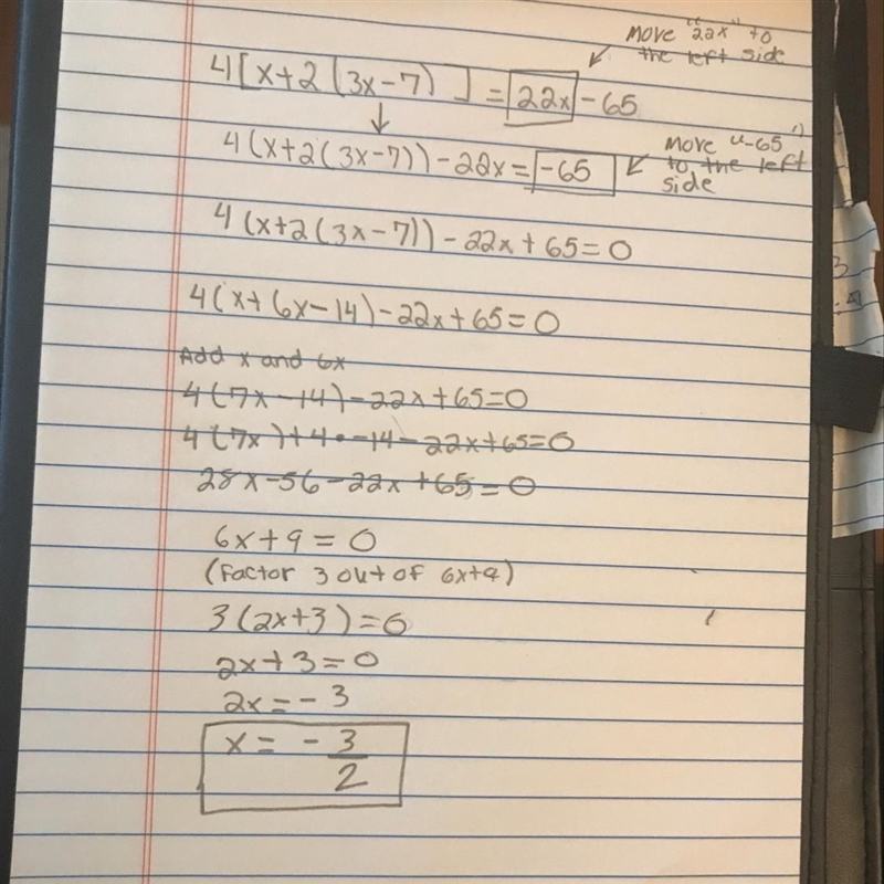 What is the solution of the equation 4[x + 2(3x – 7)] = 22x – 65?-example-1