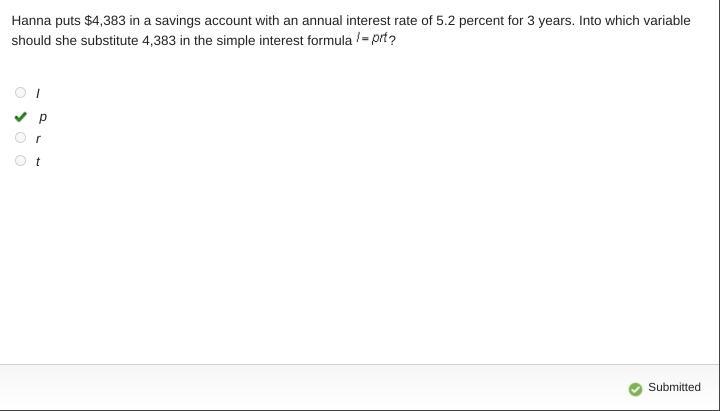 Hanna puts $4,383 in a savings account with an annual interest rate of 5.2 percent-example-1