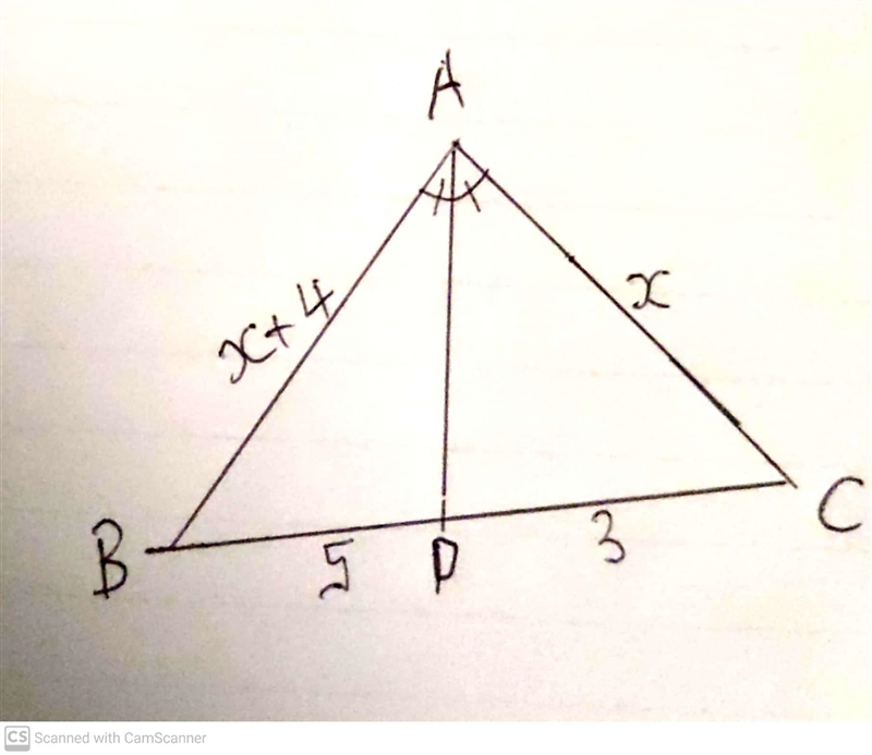 One side of a triangle is 4cm longer than another side. The ray bisecting the angle-example-1