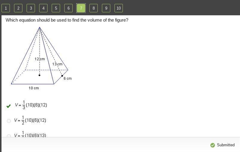 Which equation should be used to find the volume of the figure? A rectangular pyramid-example-1