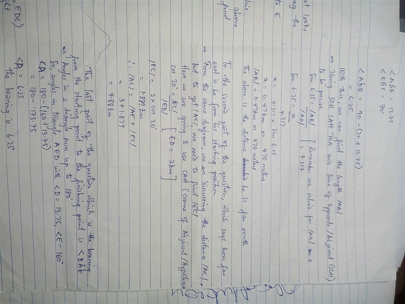 A hiker travels 3 km due east then 2 km on a bearing of 110°. Find: a) how far south-example-2