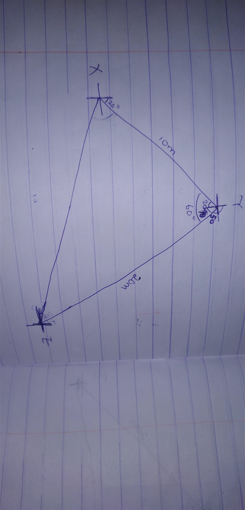 Peter walked 10m from X to Y on bearing 020° and then he turned and walked 20m to-example-1