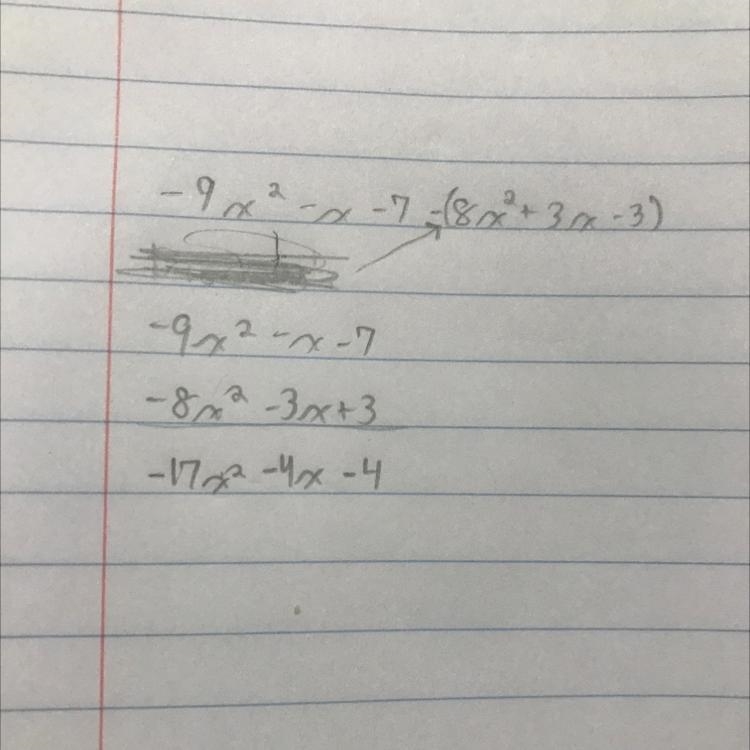 PLEASE HELP ASAP! Given f(x)= -9x^2 - x - 7 and g(x)= 8x² + 3x – 3, find (f-g)(x).-example-1