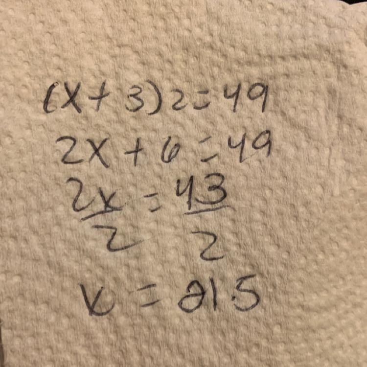 Find the solution(s) to (x + 3)2 = 49.-example-1