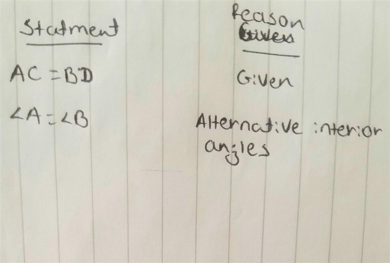 Given AC=BD, and AB and CD bisect each other. Prove: <A = <B​-example-1