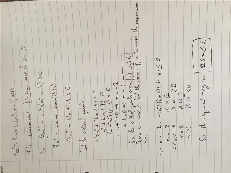 Find the range of values of m for which the roots of the equation below is real. 3x-example-1