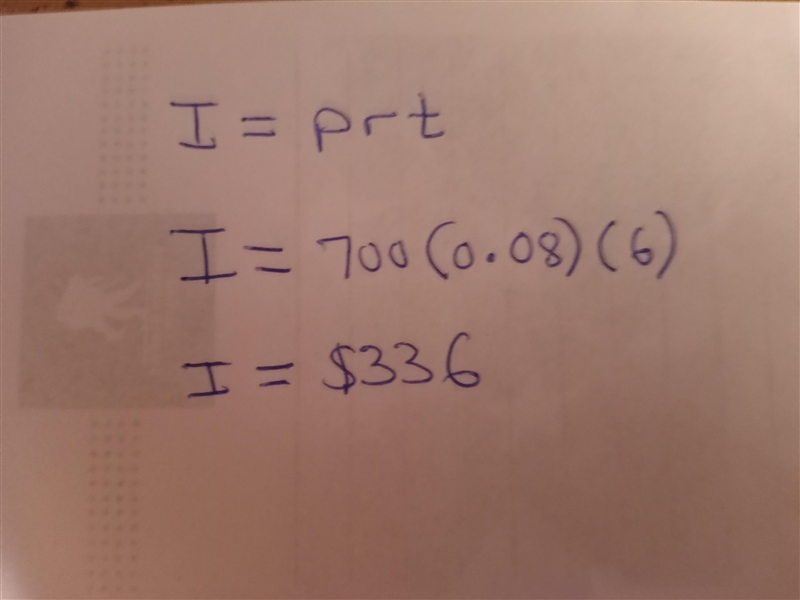 Calculate the simple interest on $700 left in account that pays 8% annual interest-example-1