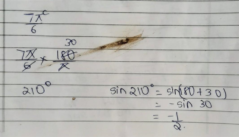 The measure of angle θ is 7pi/6 . The measure of its reference angle is __ ° , and-example-1