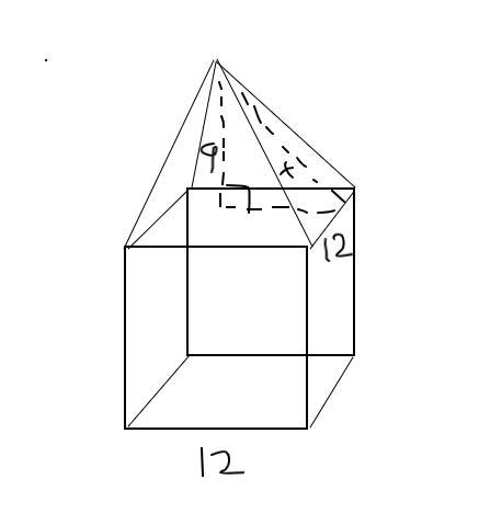 A cube and a square pyramid were joined to form the composite solid. A cube with side-example-1