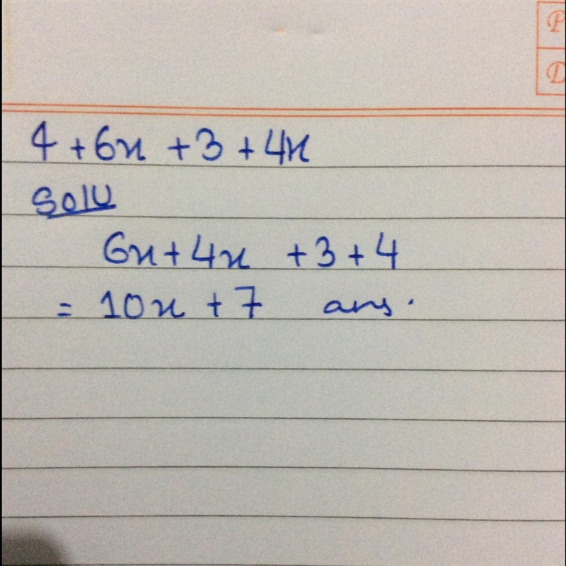 What will the expression below simplify to after combining like terms? * 4 + 6x + 3 + 4x-example-1