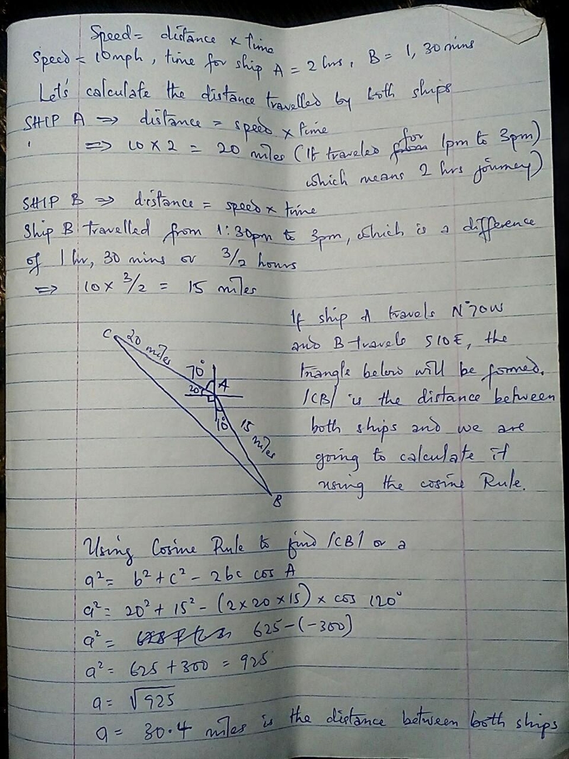 A ship leaves port at​ 1:00 pm and travels Upper N 70 degrees Upper WN70°W at the-example-1