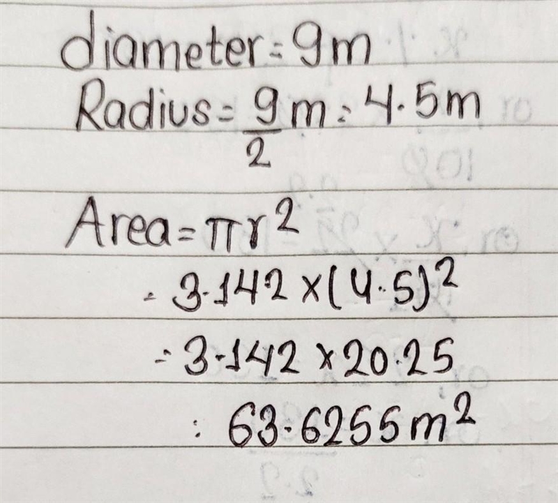 work out the area of this circle when its the diameter 9m take pie to be 3.142 and-example-1