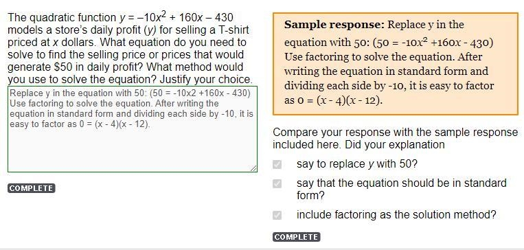 The quadratic function y = –10x2 + 160x – 430 models a store’s daily profit (y) for-example-1