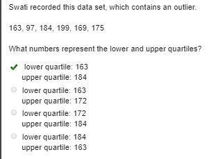 Swati recorded this data set, which contains an outlier. 163, 97, 184, 199, 169, 175 What-example-1