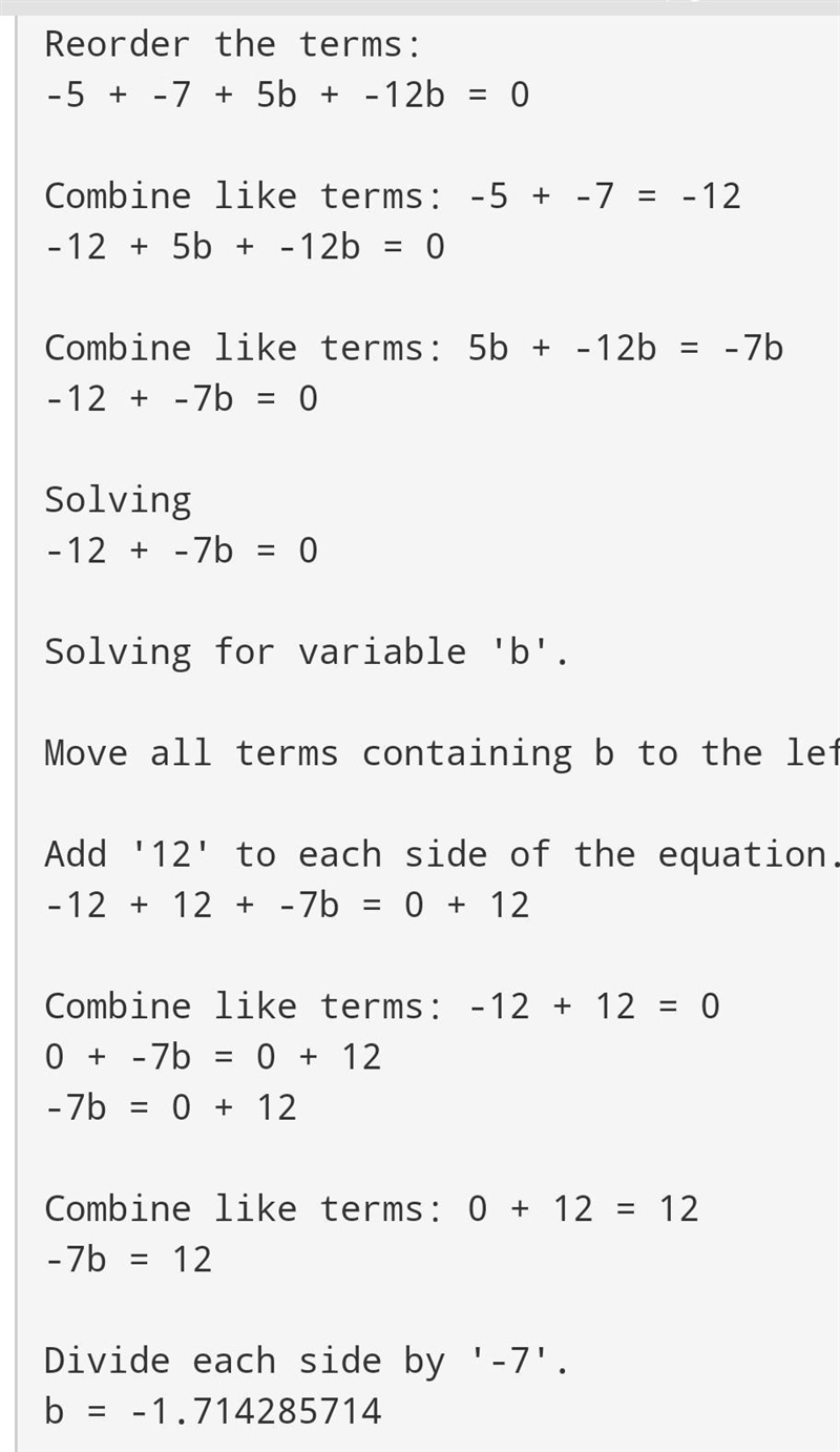 1. 1) Simplify the following expression: 5b - 5 - 12b - 7​-example-1