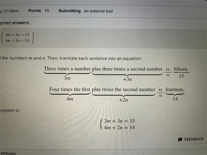 three times a number plus three times a second number is fifteen. Four times the first-example-1