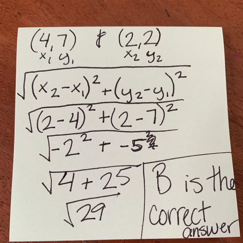 What is the distance between (4, 7) and (2, 2) a.) √(10) b.) √(29) c.) 8 d.) 9-example-1