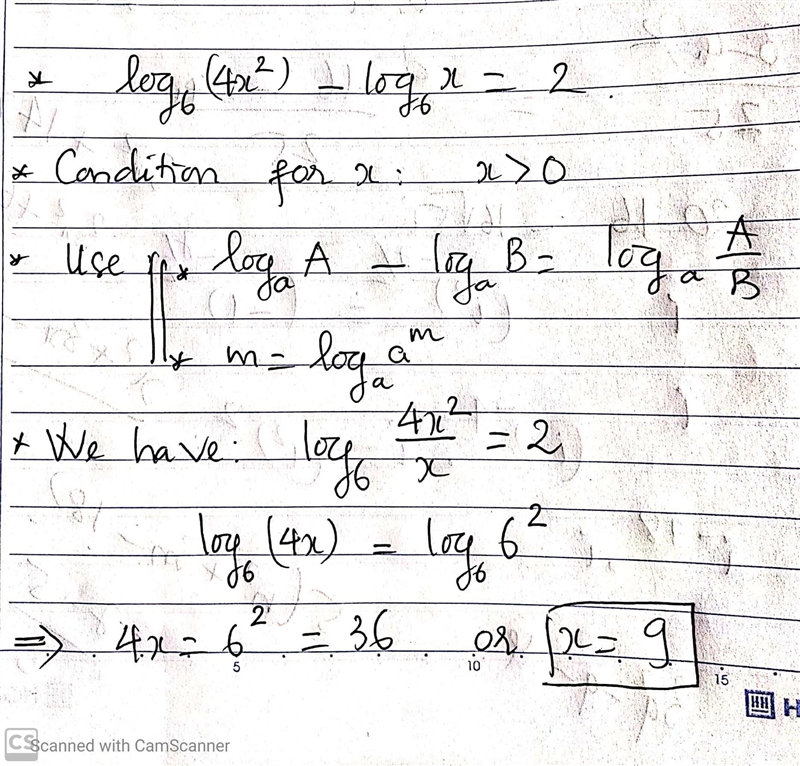 What is the solution to the equation below? log_6 4x^2 -log_6 x=2-example-1