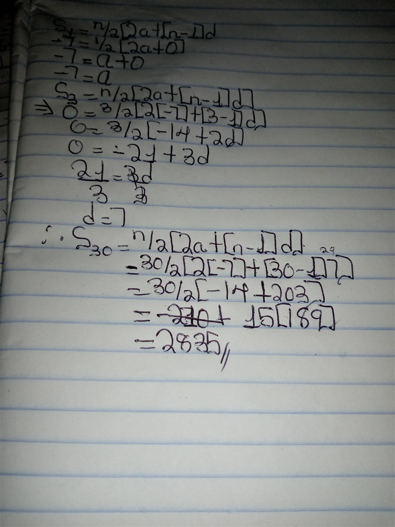 Find S30 HELPP. 10 points! An arithmetic sequence has Si = -7 and S3 = 0.-example-1