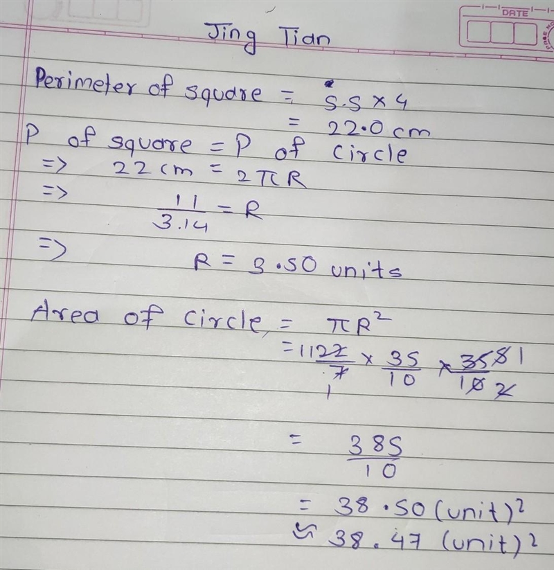 A square has a side that measures 5.5 units. What is the area of a circle with a circumference-example-1