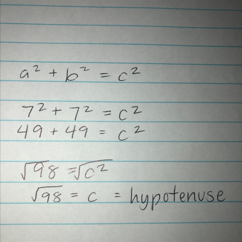 If the two legs of an isosceles right triangle measure 7 in which of the following-example-1