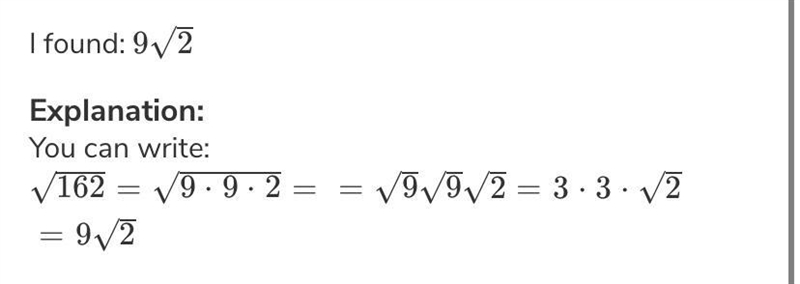 Simplify the following. Answer should still have a radical. the square root of 162-example-1