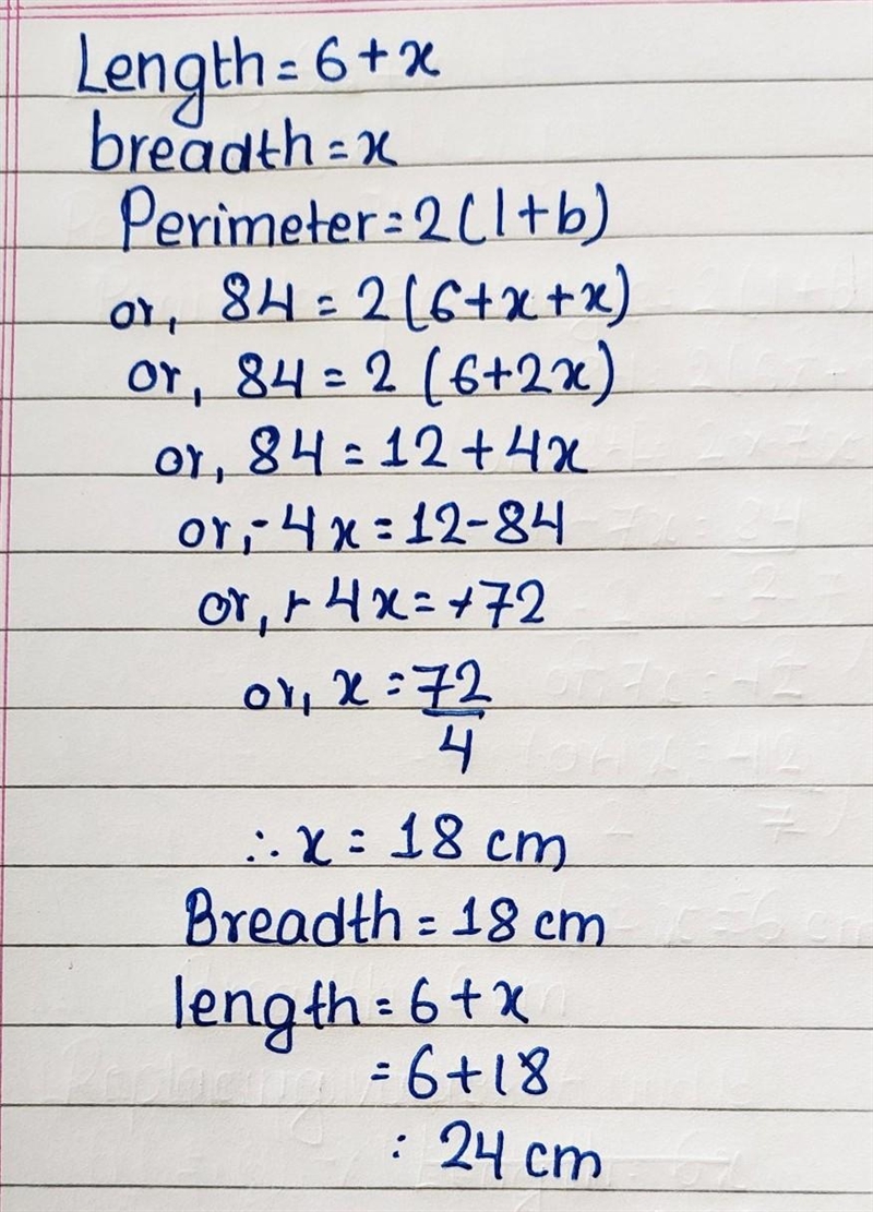 the perimeter of a rectangle is84cm and its length is 6cm longer than its breadth-example-1